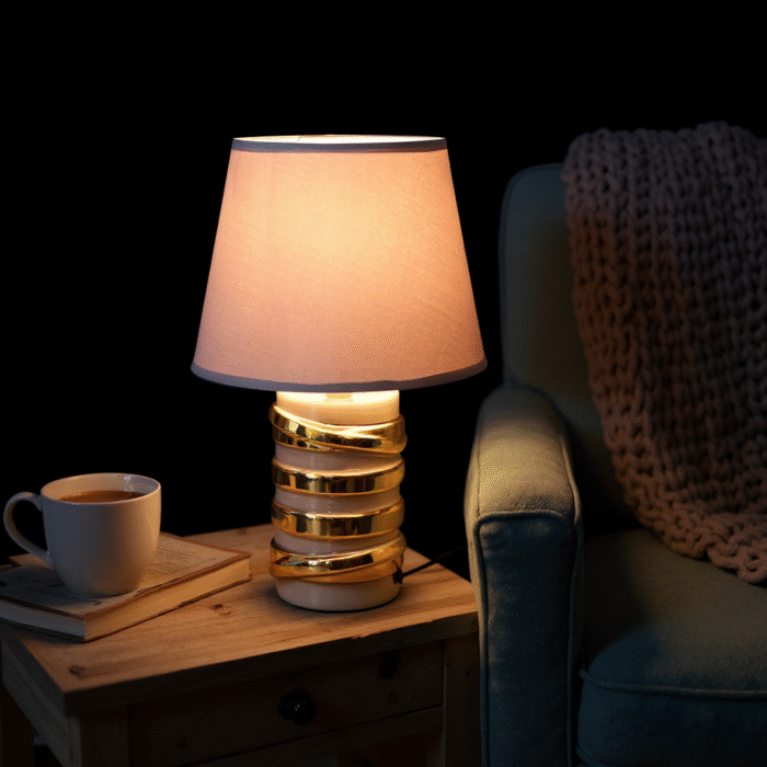Modern Wooden Table Lamp with Golden Base & White Shade – Stylish Bedside Lamp for Bedroom, Living Room & Office