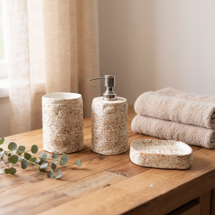 "Ceramic Bathroom Accessories Set – 3 Piece Bathroom Countertop Set  with Soap Dispenser, Toothbrush Holder, Soap Dish"