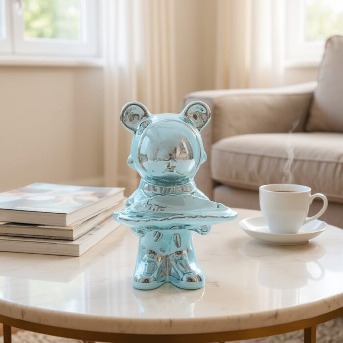 Teal Metallic Bear Showpiece with Accessories Tray – Modern Decorative Figurine Organizer for Keys, Jewelry & Small Items"