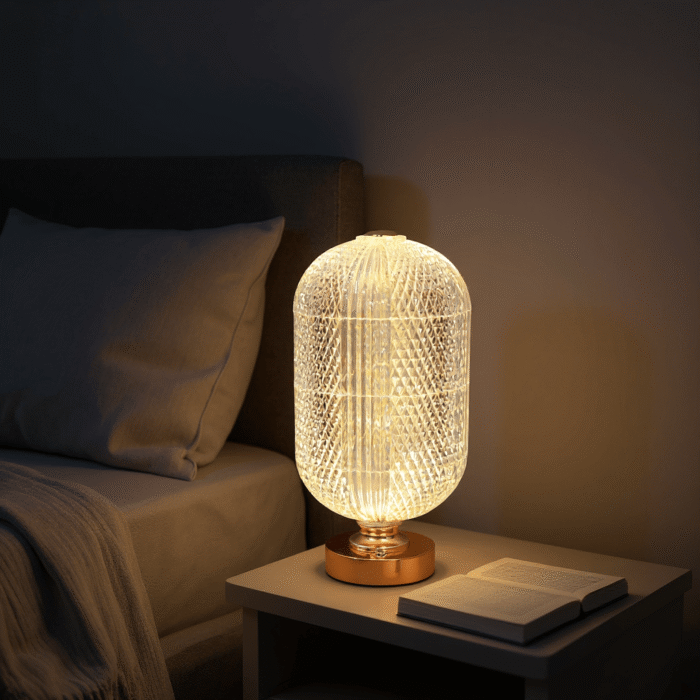 12 Inch Crystal Table Lamp with Touch Switch | 3 Color LED Bedside Lamp (Golden, White, Golden-White Mix) | USB + Battery Operated Decorative Light for Bedroom, Living Room & Office