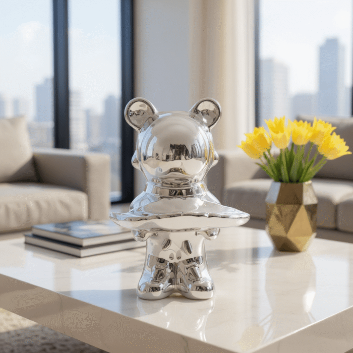 "Teal Metallic Bear Showpiece with Accessories Tray – Modern Decorative Figurine Organizer for Keys, Jewelry & Small Items"