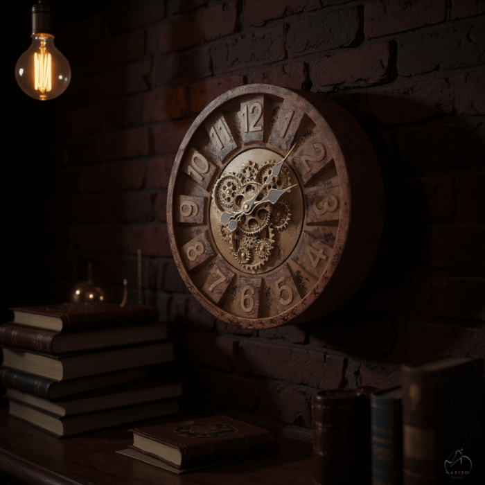 Antique Wall Clock with Mechanical Look | Vintage Style Decorative Gear Design Wall Clock for Home, Living Room & Office. 14X14 INCH