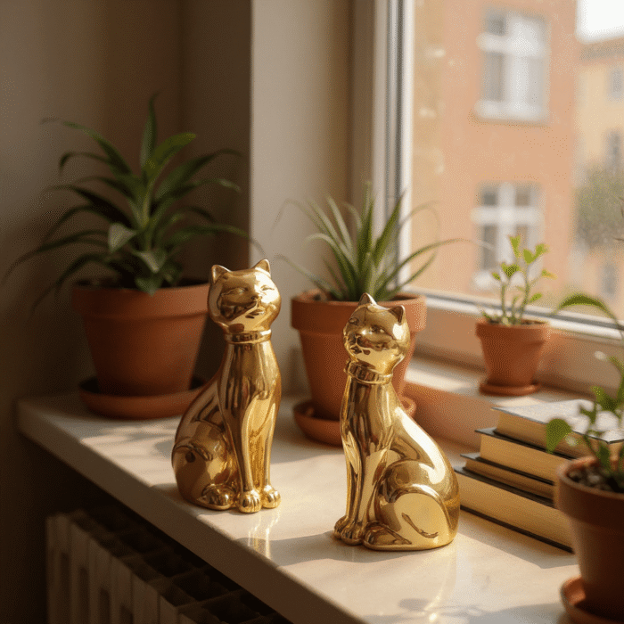 Golden Cat Showpiece Set of 2 – Elegant Ceramic Decorative Figurines for Home & Office Décor