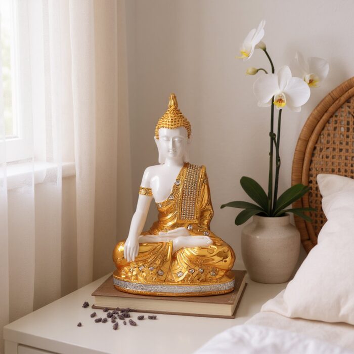 "Gold Finish Buddha Statue for Home Décor | 10 x 6.5 Inch | White Marble Dust Meditation Buddha Idol for Living Room, Office & Gifting"