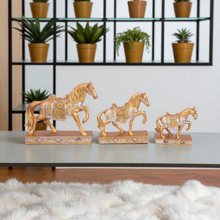 Golden Horse Showpiece – Royal Decorative Figurines with Ornate Detailing – Home Decor, Office Desk, Vastu Gift Item