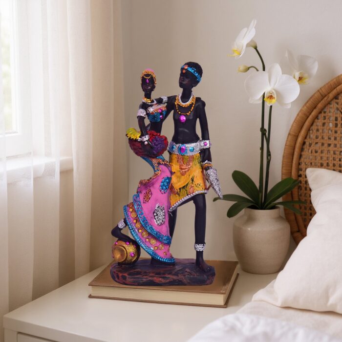 African Couple Figurine – Handcrafted Polyresin Showpiece for Home & Office Decoration | Ethnic Tribal Art. 20.5 CM