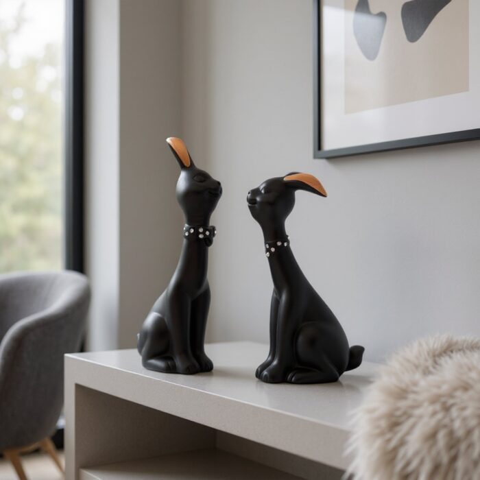 Elegant Black Bunny Couple Showpiece – Decorative Rabbit Figurines with Golden Ears & Stone Beaded Collars – Romantic Home Decor Gift for Living Room, Bedroom, Office ( big 24cm & small 20 cm)